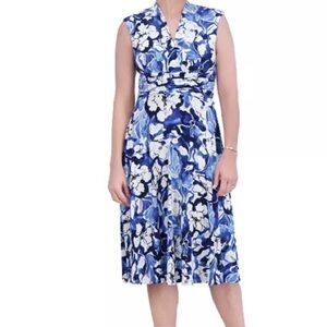 Jessica Howard Sleeveless Floral Blue/White A-Line Midi Dress Size 14W